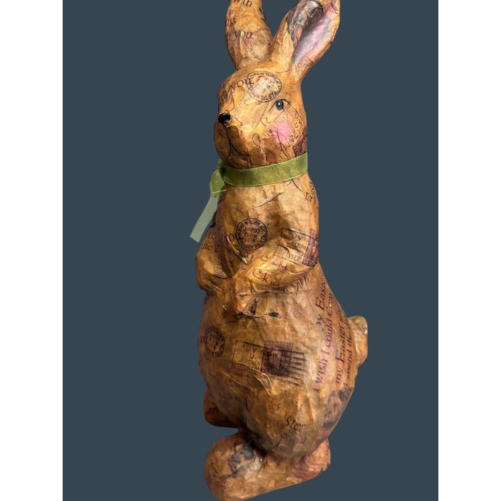 Vintage Decoupage Paper Mache Bunny Rabbit Postcard Print Green Bow 16" - Picture 2 of 12